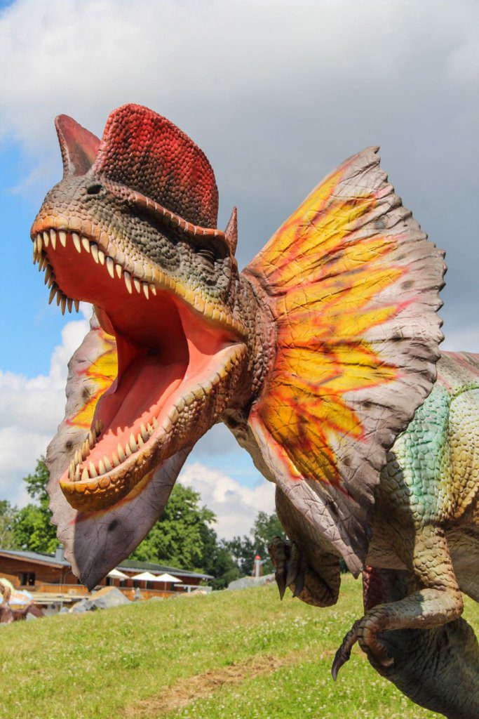 Figura Dilofozaura w Skalka Family Park Ostrava – czeska realizacja producenta Malpol, Dilophosaurus dinosaur statue manufacturer Czech Republic