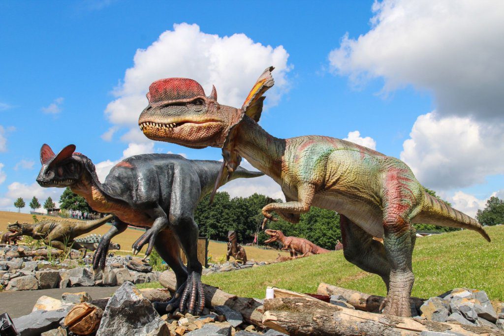 Ekspozycja dinozaurów 1:1 w Skalka Family Park Ostrava – realistyczne figury dinozaurów producent Malpol, dinosaur park exhibition Czech Republic.
