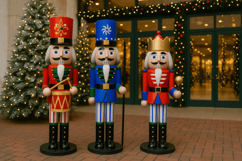 Trzy kolorowe figury dziadków do orzechów stojące przed wejściem do budynku.