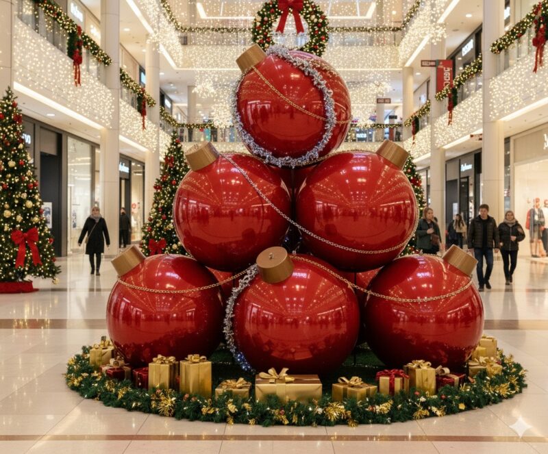 Czerwone gigantyczne bombki choinkowe ułożone w piramidę – dekoracja do galerii handlowej.