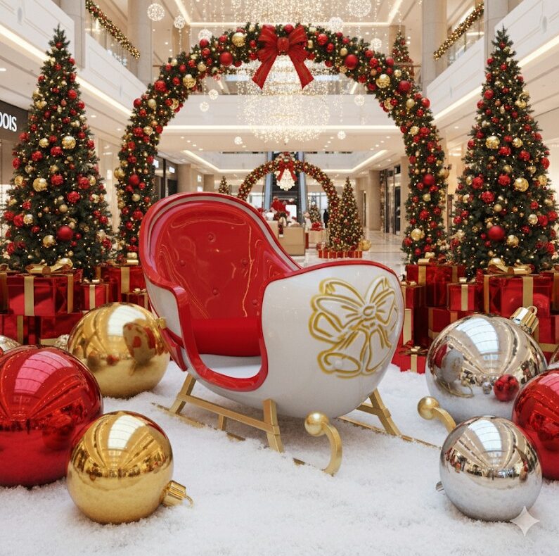 Wielka figura sań Świętego Mikołaja w otoczeniu złotych bombek i choinek.