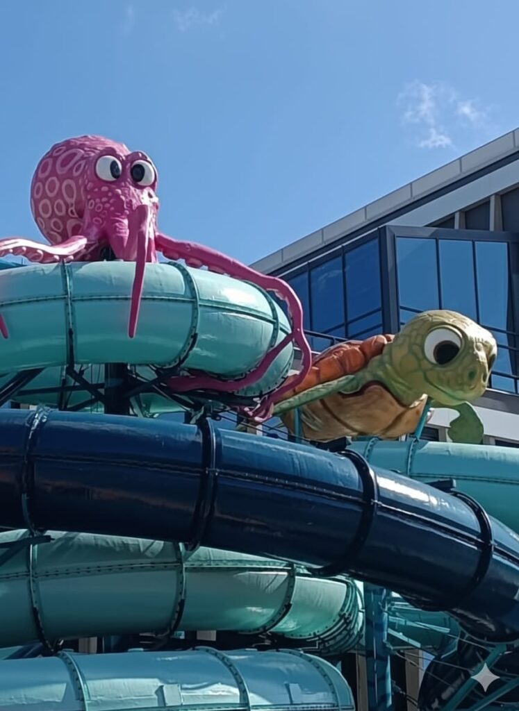Potężna figura ośmiornicy z laminatu w Aquaparku w Międzyzdrojach – realizacja Malpol.