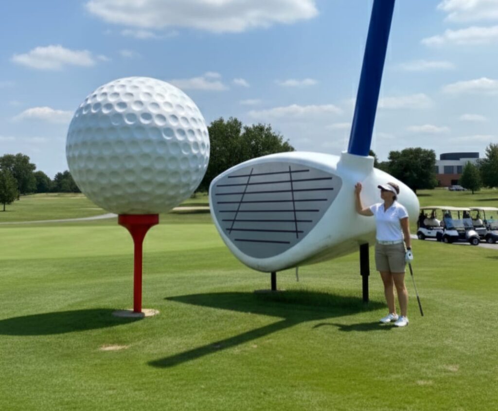 Gigantyczna makieta piłeczki golfowej na tee oraz wielki kij golfowy – rzeźba reklamowa 3D.