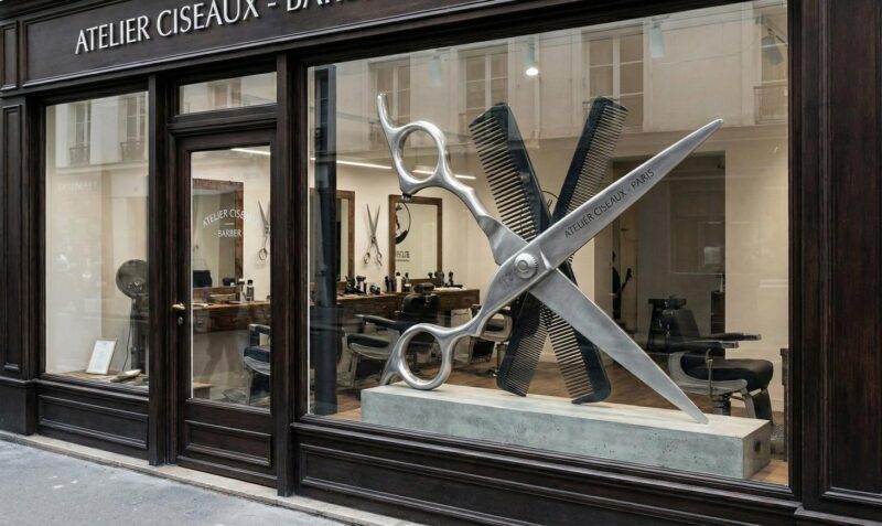 Ekskluzywny Window Display w Paryżu - gigantyczne nożyczki i grzebień 3D dla Atelier Ciseaux, artystyczne rekwizyty fryzjerskie i dekoracje witryn Malpol.
