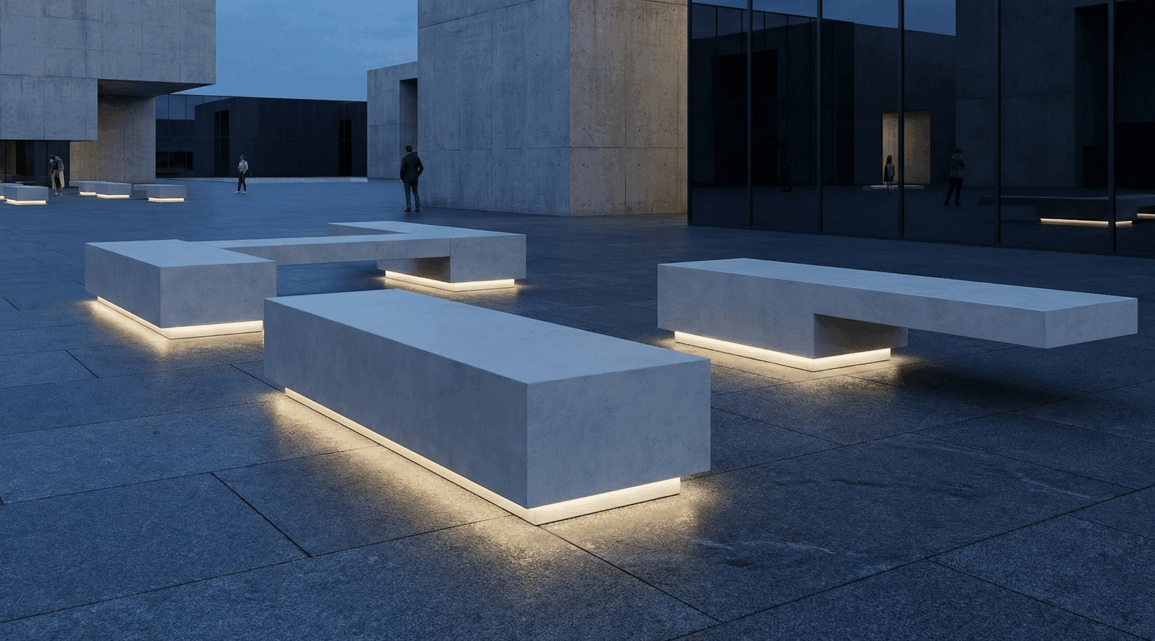 Nowoczesna bryła siedziska miejskiego z oświetleniem LED – Urban Furniture – rzeźba użytkowa – producent Malpol.