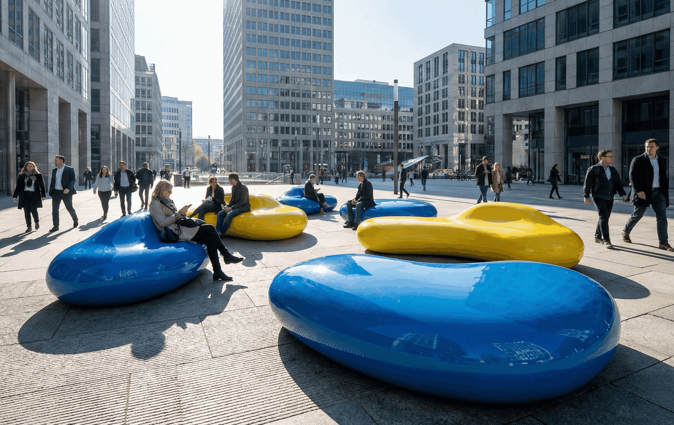 Nowoczesne rzeźby użytkowe w przestrzeni miejskiej – kolorowe siedziska 3D (Urban Furniture) – realizacja malpol.
