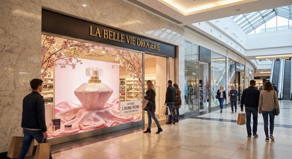 Gigantyczna makieta flakonu perfum Avon Eve Confidence (Giant perfume bottle replica) – scenografia witryn window display – producent Malpol