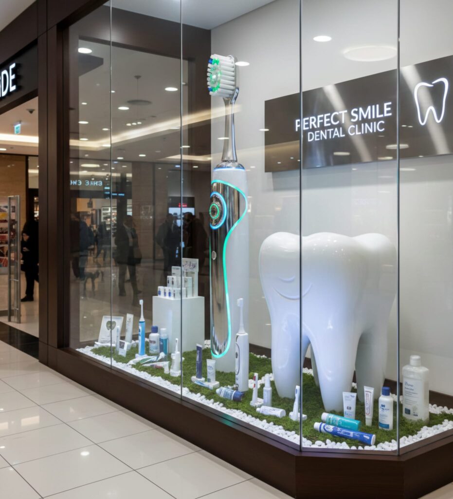 Wielkoformatowa replika szczoteczki elektrycznej i zęba jako dekoracja witryny kliniki stomatologicznej.