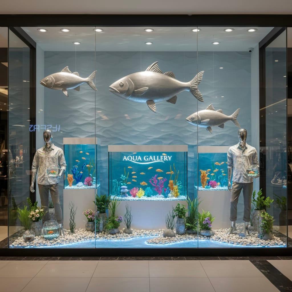 Ekskluzywna aranżacja witryny Aqua Gallery (Luxury ocean window display) – srebrne makiety ryb 3D – scenografia Malpol