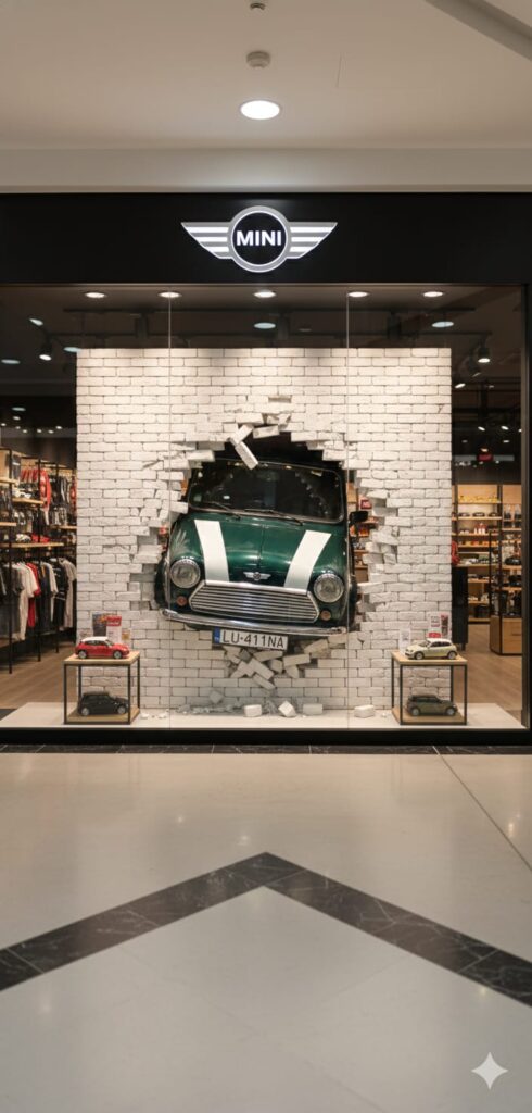 Kreatywna witryna salonu MINI - atrapa samochodu Mini Morris przebijająca ścianę z cegieł, niestandardowy Window Display i scenografia sklepowa Malpol.