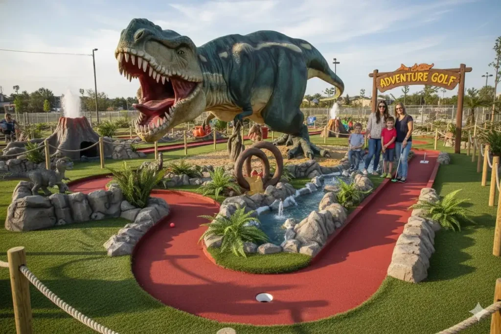 Rodzina grająca w minigolfa na tle gigantycznej, realistycznej rzeźby tyranozaura – pole Adventure Golf.
