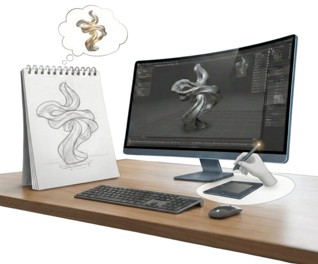 Proces projektowania indywidualnej rzeźby artystycznej 3D od szkicu do cyfrowego modelu.