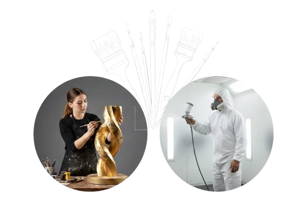 Artystka nakładająca złocenie na rzeźbę oraz lakiernik w profesjonalnej komorze lakierniczej.