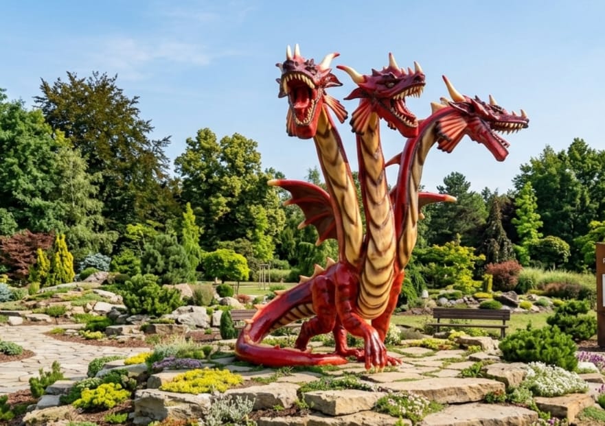 Monumentalna, trójgłowa rzeźba smoka z laminatu o wysokości 5 metrów, wykonana przez Malpol dla czeskiego parku rozrywki Skalka Family Park w Ostrawie.