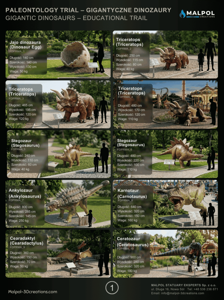 Katalog dinozaurów XXL (Dinosaur Catalog) - strona 1: makiety Triceratops, Stegozaur i jaja dinozaurów - Producent Malpol Poland.