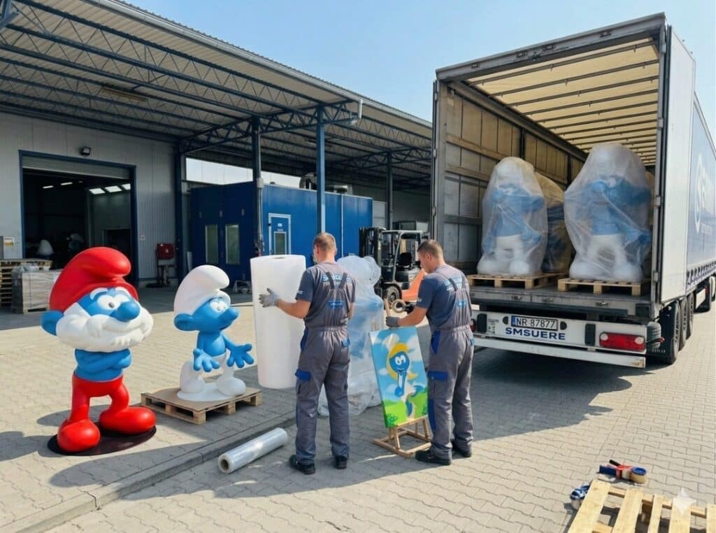 Pracownicy zabezpieczający gotowe figury i rzeźby 3D Papy Smerfa oraz Smerfa przed załadunkiem do transportu kołowego.