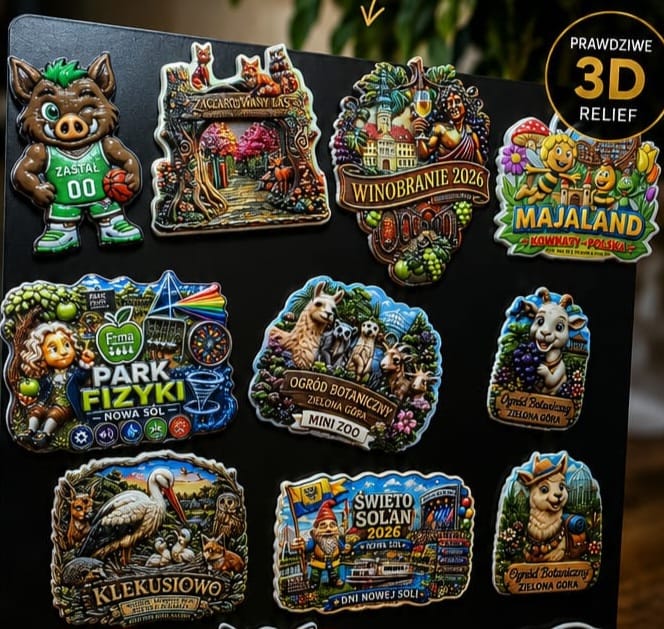 Kolorowe, przestrzenne magnesy 3D UV prezentujące motywy turystyczne i eventowe, takie jak Winobranie, Park Fizyki Nowa Sól